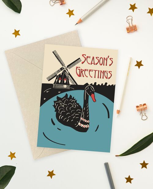 Swan & Windmill Lino Print Art Card