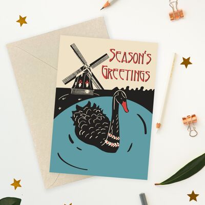Swan & Windmill Lino Print Art Card