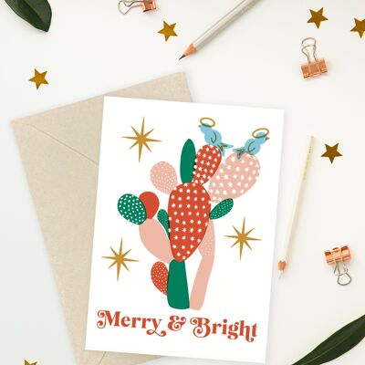 Biglietto natalizio con cactus allegro e luminoso