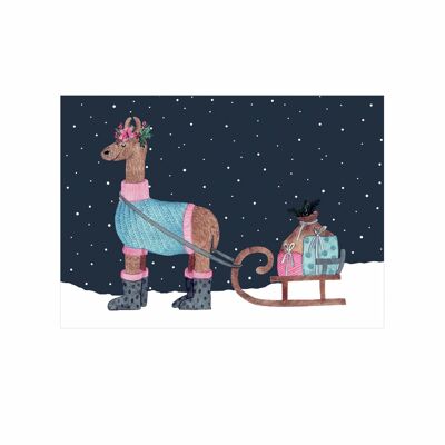 Carte postale, lama avec traîneau et cadeaux, Noël, A6, VE 6