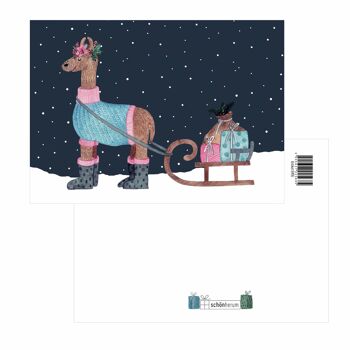 Carte postale, lama avec traîneau et cadeaux, Noël, A6, VE 6 2