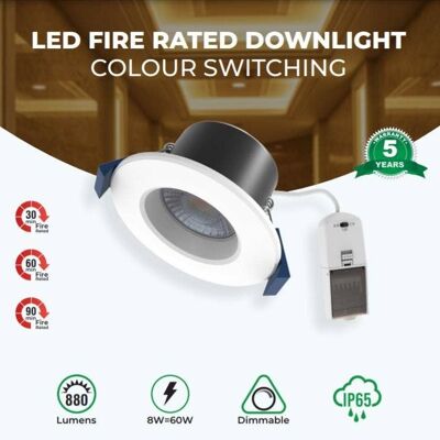 8w Fire Rated LED Downlight Dimmable & Cct Changing Ip65__