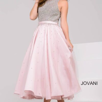 Blush Embellished Bodice Tea Length A-Line Dress 48103