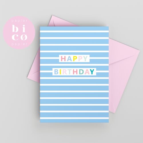 GREETING CARDS | Birthday Cards | BLUE STRIPES | Happy Birthday Card | Tarjeta de Feliz Cumpleaños | Carte Joyeux Anniversaire | Biglietto di Buon Compleanno | Alles Gute zum Geburtstagskarte.