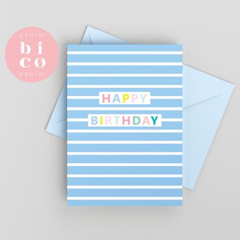 CARTES DE VOEUX | Cartes d'anniversaire | RAYURES BLEUES | Carte joyeux anniversaire | Tarjeta de Feliz Cumpleaños | Carte Joyeux Anniversaire | Biglietto di Buon Compleanno | Alles Gute zum Geburtstagskarte. 1