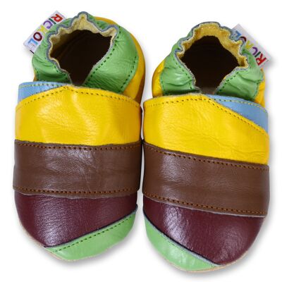 Chaussures Bébé Cuir Semelle Souple - Rayures Jaune Marron