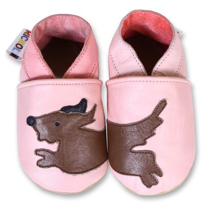 Chaussures bébé en cuir à semelle souple - Chien rose