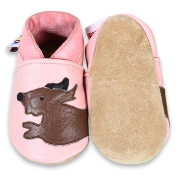 Chaussures bébé en cuir à semelle souple - Chien rose 2