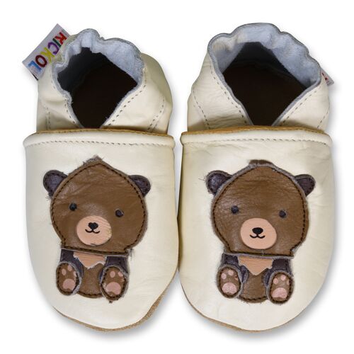 Soft Sole Leather Baby Shoes - Cream Teddy Bear