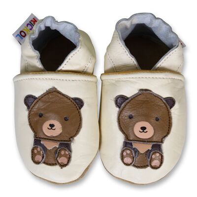 Chaussures bébé en cuir à semelle souple - Ours en peluche crème