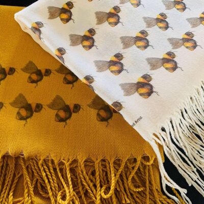 Cashmere Blend Scarf Handprinted with Bees on Cream