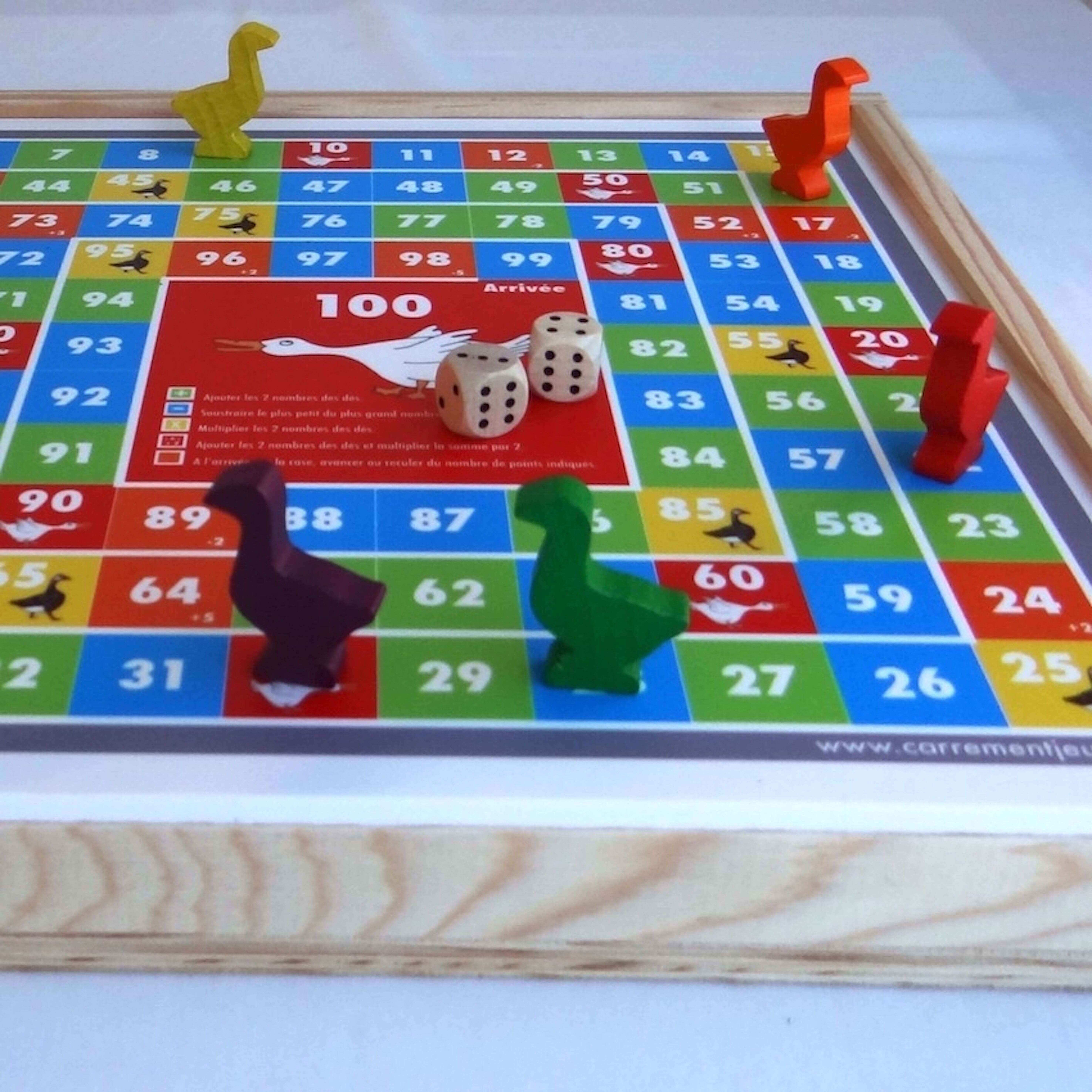 MEMOLOIE e SAUT DE OIE - scatola di legno - 1 vassoio reversibile, 6 oche di legno, 2 dadi