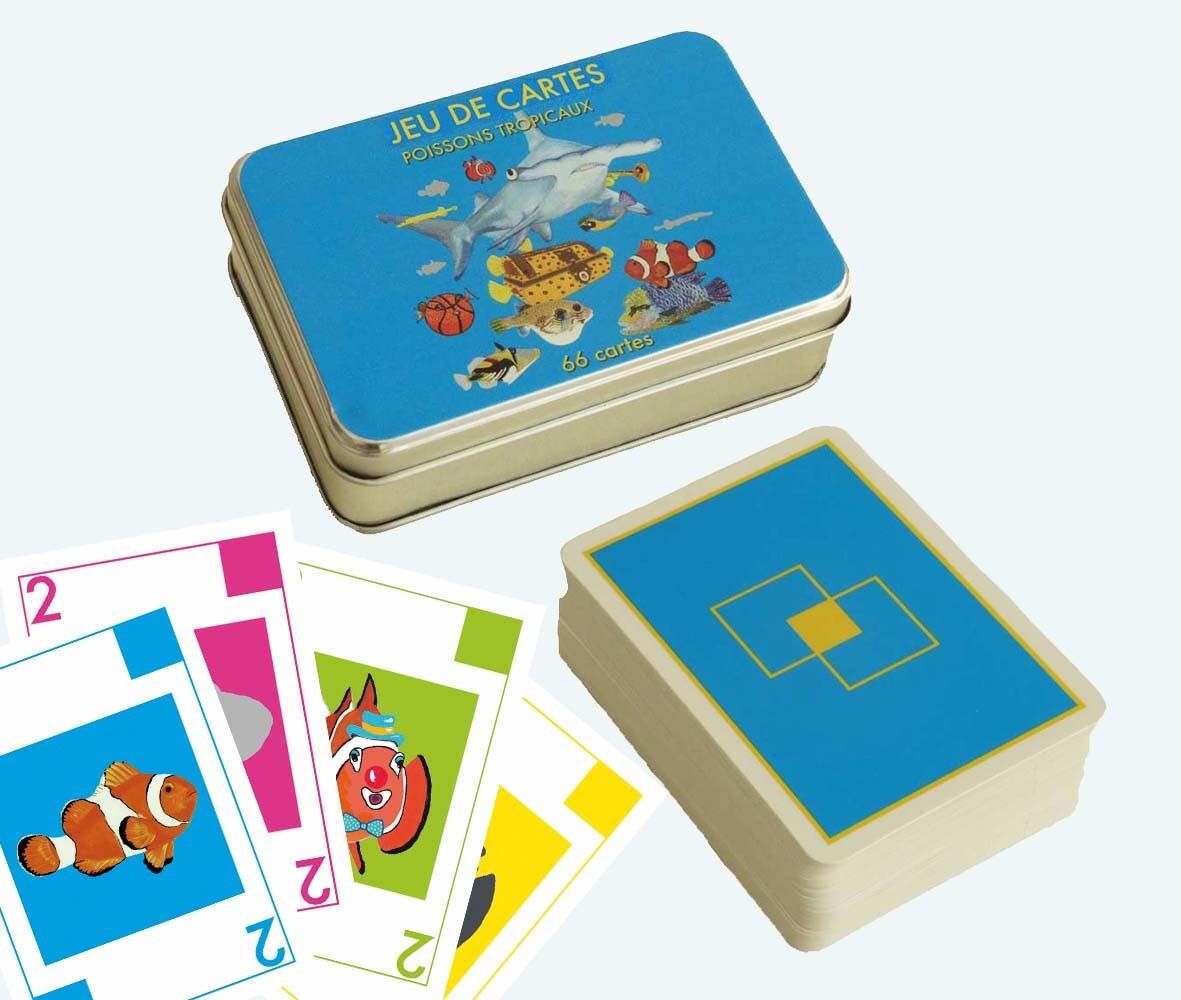 JEU DE CARTES POISSONS TROPICAUX - 66 cartes -
 8 espèces de poissons - 4 représentations - 
4 règles du jeu