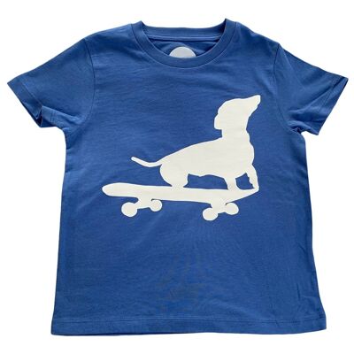 Dachshund on Skateboard T-shirt in Organic Blue Cotton NEW COLOUR