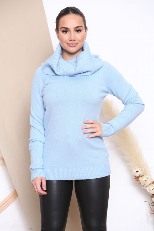 blue soft knit jumper with oversized collar