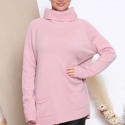 pink loose fit jumper with turtle neck