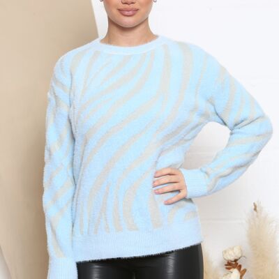 pull zébré duveteux bleu