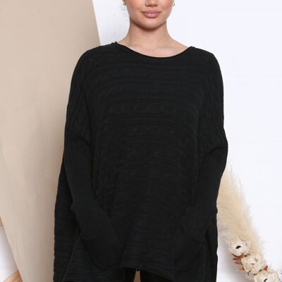 schwarzer Oversized Pullover mit Zopfmuster
