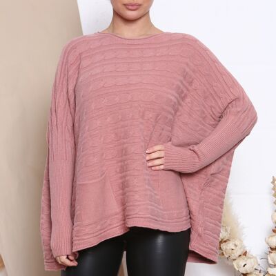 pinker Oversize-Pullover mit Zopfmuster