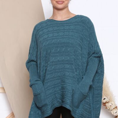 pull sarcelle oversize en maille torsadée