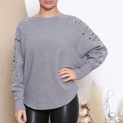 maglione grigio ad ala di pipistrello con paillettes