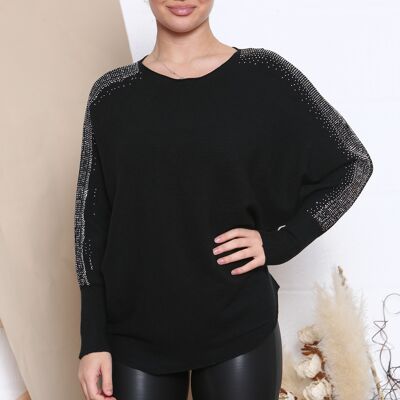 black ribbed curved jumper with crystals