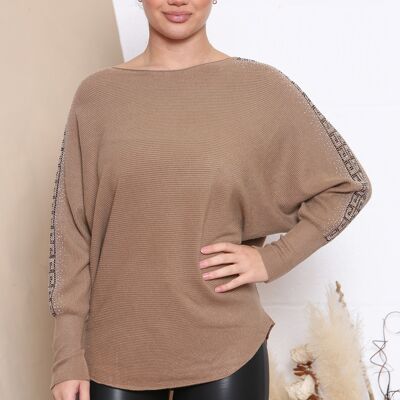 camel ribbed curved jumper with crystals
