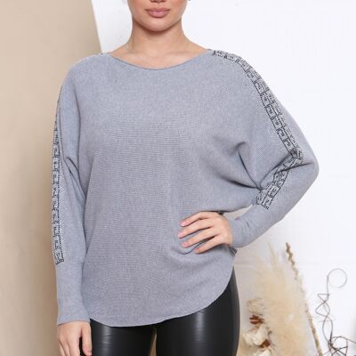 grey ribbed curved jumper with crystals