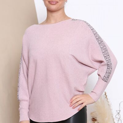 pink ribbed curved jumper with crystals