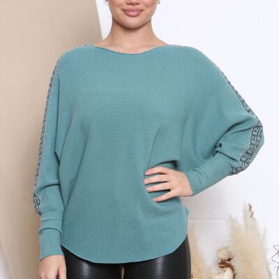 teal ribbed curved jumper with crystals