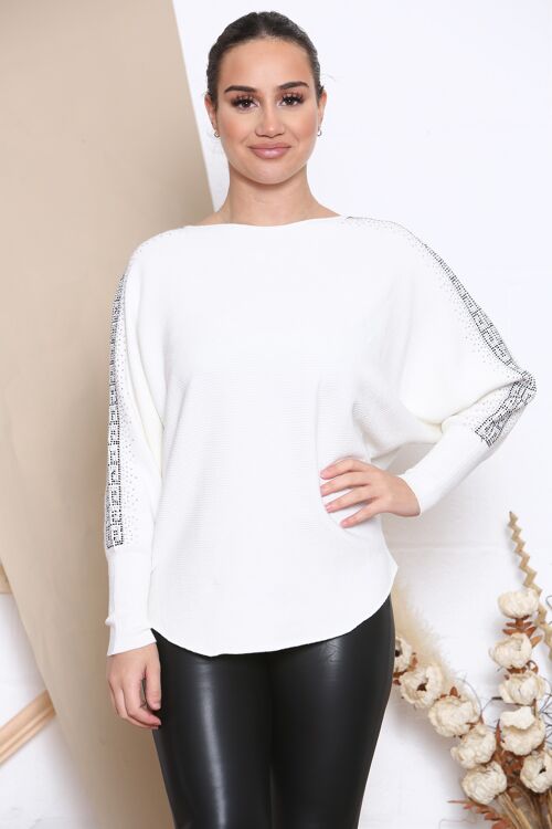 white ribbed curved jumper with crystals