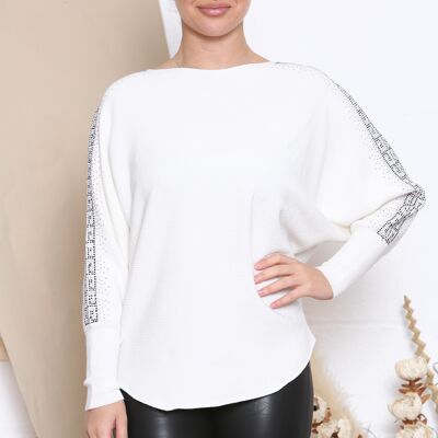 white ribbed curved jumper with crystals