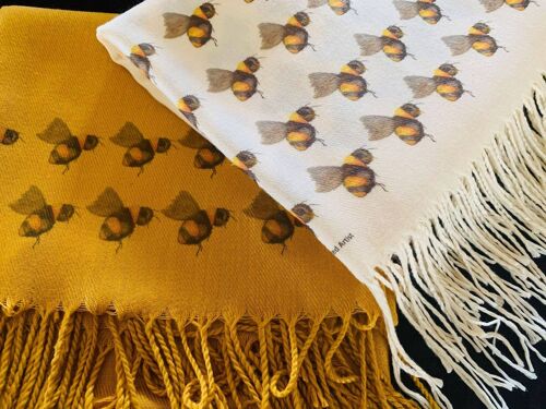 Cashmere Blend Scarf Handprinted with Bees on Cream