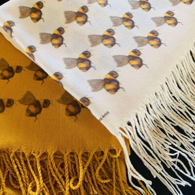 Schal aus Kaschmirmischung, handbedruckt mit Bienen auf Creme