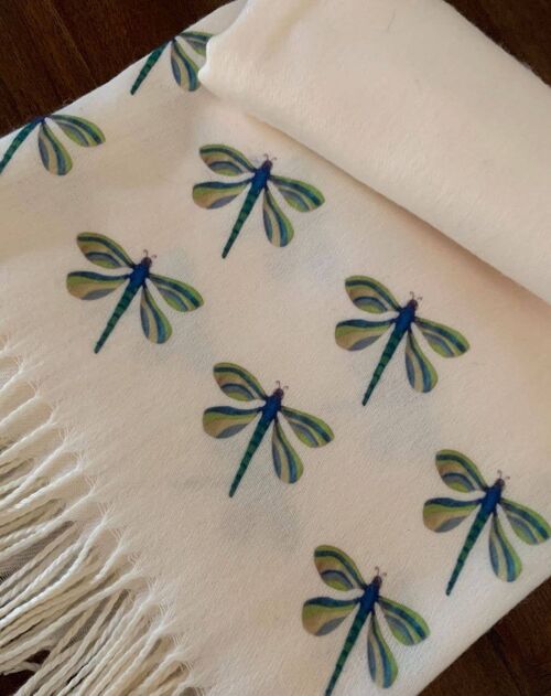 Cashmere Blend Scarf Handprinted with Dragonflies on Cream