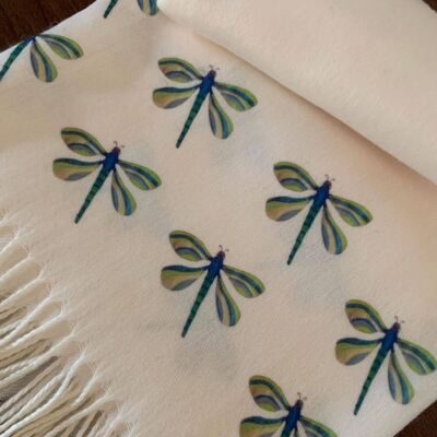 Schal aus Kaschmirmischung, handbedruckt mit Libellen auf Creme