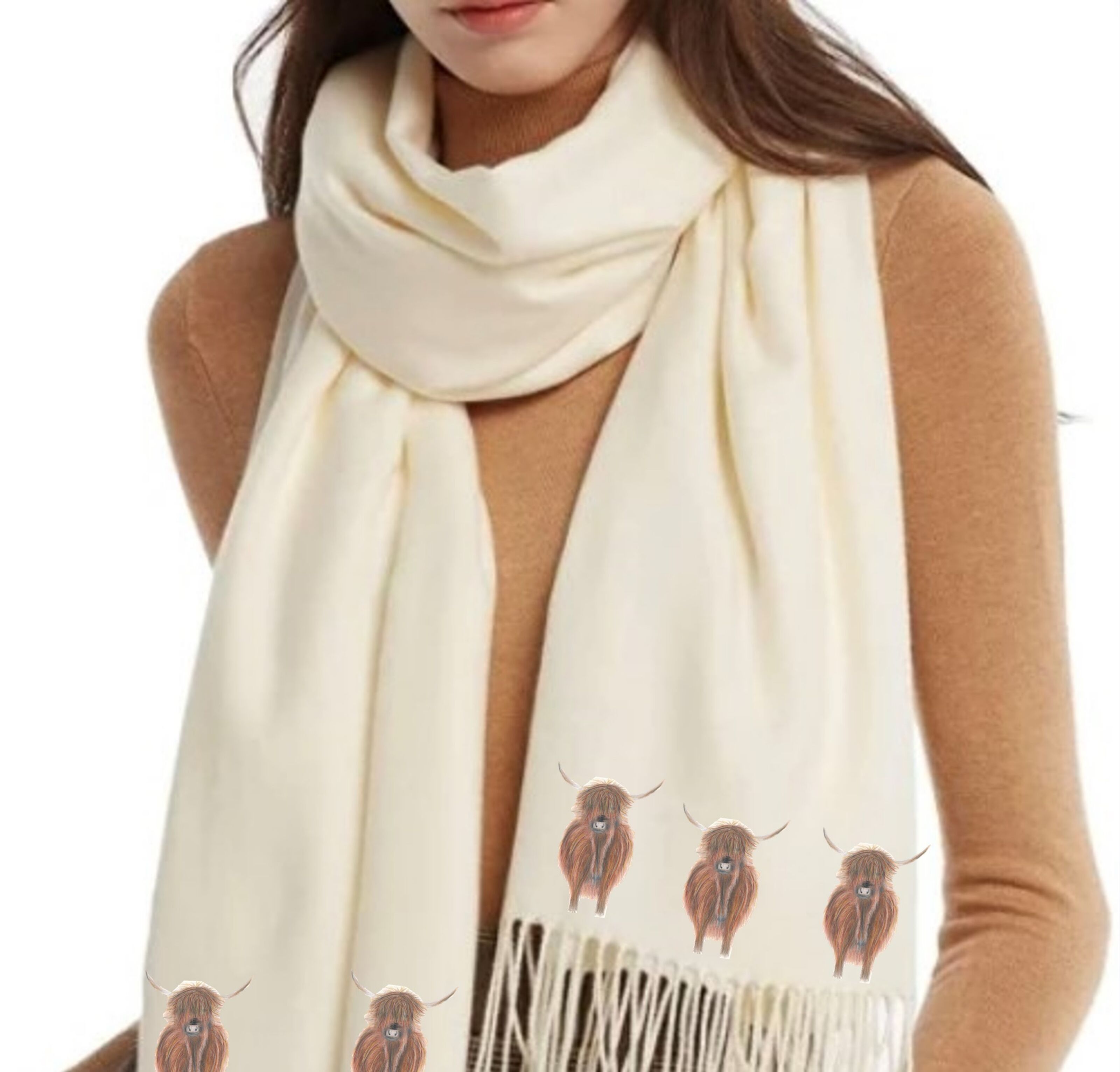 Buy wholesale Cashmere Blend Scarf Handprinted with Highland Cows on Cream