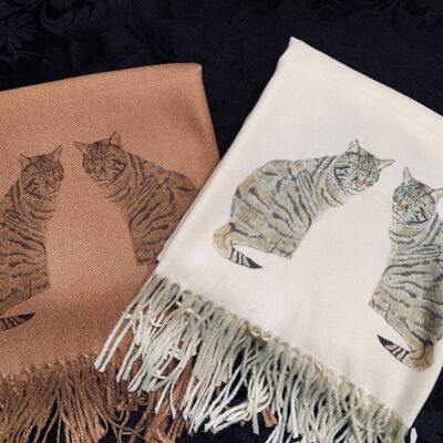 Schal aus Kaschmirmischung, handbedruckt mit schottischen Wildkatzen Karamell