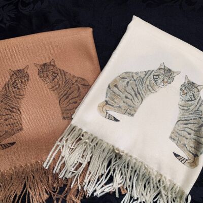Cashmere Blend Scarf Handprinted with Scottish Wildcats Caramel