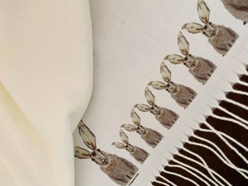 Cashmere Blend Scarf Handprinted with Hares on Cream