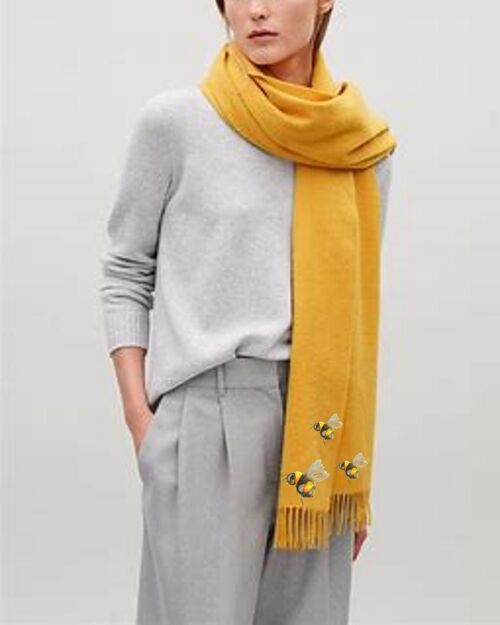Cashmere Blend Scarf Handprinted with Bees on Saffron