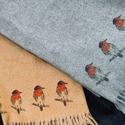 Cashmere Blend Scarf Handprinted with Robins on Grey