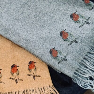 Cashmere Blend Scarf Handprinted with Robins on Grey