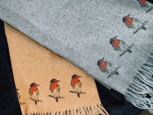 Cashmere Blend Scarf Handprinted with Robins on Caramel