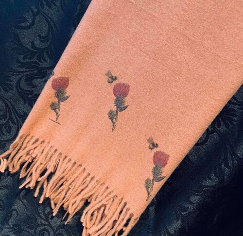 Cashmere Blend Scarf printed with Thistles and Bees on Pink