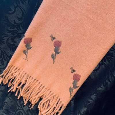 Cashmere Blend Scarf printed with Thistles and Bees on Pink