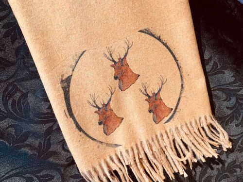 Cashmere Blend Scarf Handprinted with Stags on Caramel