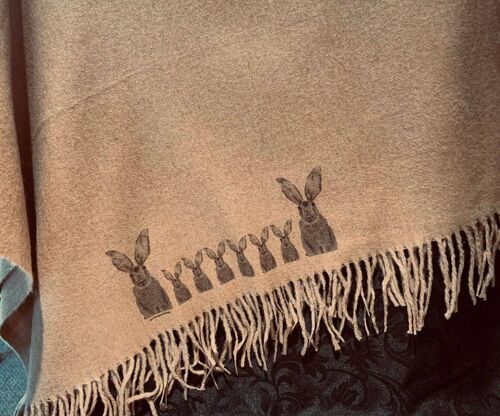 Cashmere Blend Scarf Handprinted with Hares on Caramel