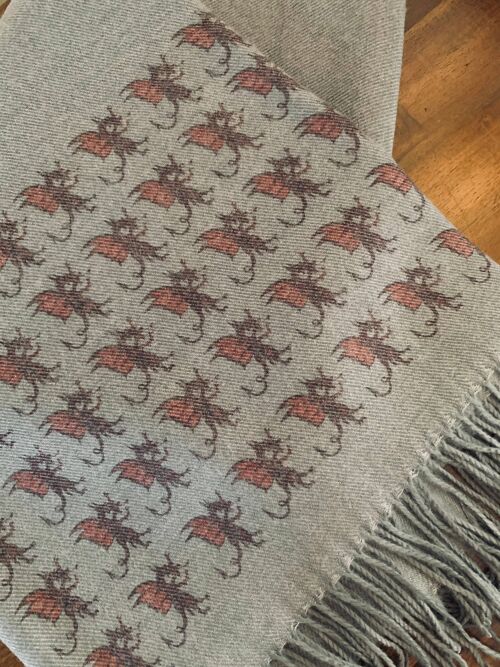Cashmere Blend Scarf Handprinted with Red Dragons on Grey