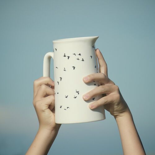 Pitcher, porcelain, white with little black birds - "fugl" Large Jug